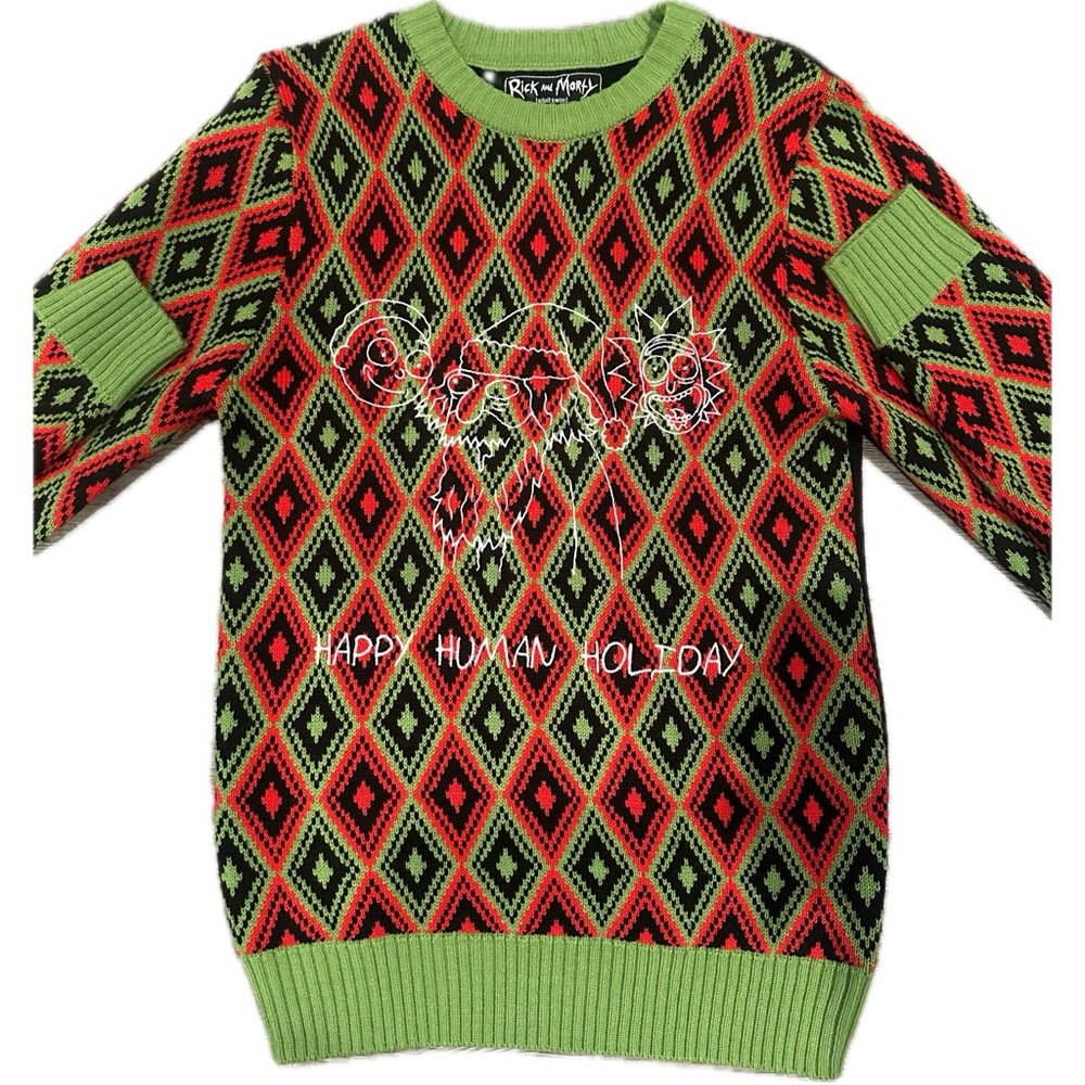Rick and Morty Festive Green and Red Crewneck Sweater